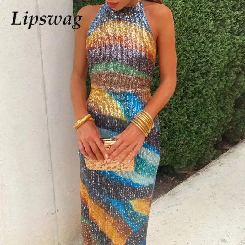Sexy Neck Hollow Party Dress Women Tight Sequins Gradual Change Sleeveless Dress Summer Halter Split Strap Long Dress Vestidos
Sexy Neck Hollow Party Dress Women Tight Sequins Gradual Change Sleeveless Dress Summer Halter Split Strap Long Dress Vestidos