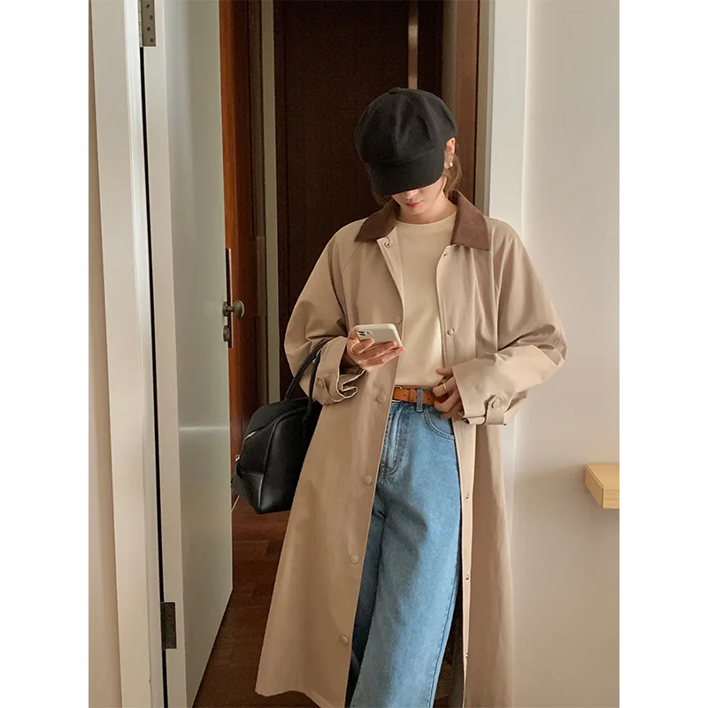 2022 Corduroy Lapel Contrast Color Windbreaker Women's Spring and Autumn New Korean Style Single-Breasted Lengthened Coat
2022 Corduroy Lapel Contrast Color Windbreaker Women's Spring and Autumn New Korean Style Single-Breasted Lengthened Coat