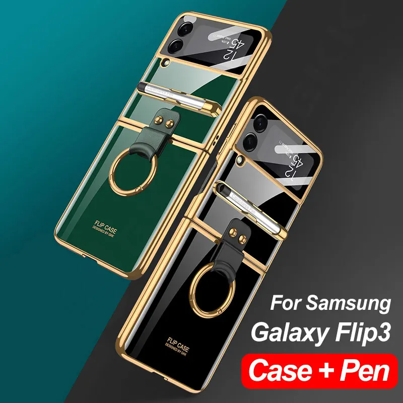 GKK Luxury Plating With Pen Phone Cover For Galaxy Z Flip 3 Case Painted Glass Ring Stand Hard Cover For Samsung Galaxy Z Flip3 
GKK Luxury Plating With Pen Phone Cover For Galaxy Z Flip 3 Case Painted Glass Ring Stand Hard Cover For Samsung Galaxy Z Flip3