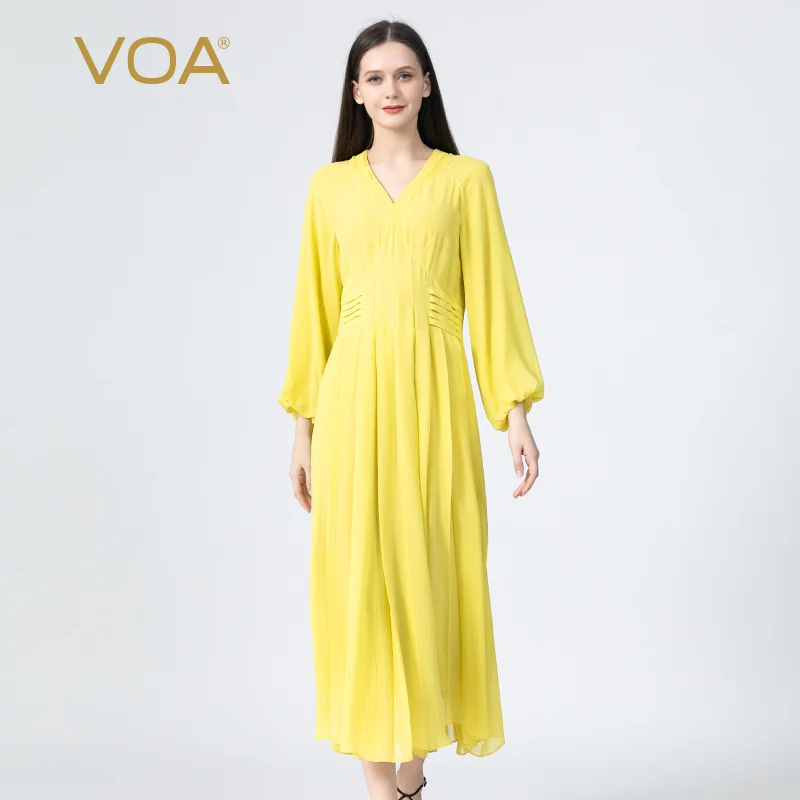 VOA Elegant Lantern Long Sleeves Vestidos Illuminating Silk Dresses Women V-Neck Georgette Pleated Party Dress Autumn New AE1185
VOA Elegant Lantern Long Sleeves Vestidos Illuminating Silk Dresses Women V-Neck Georgette Pleated Party Dress Autumn New AE1185