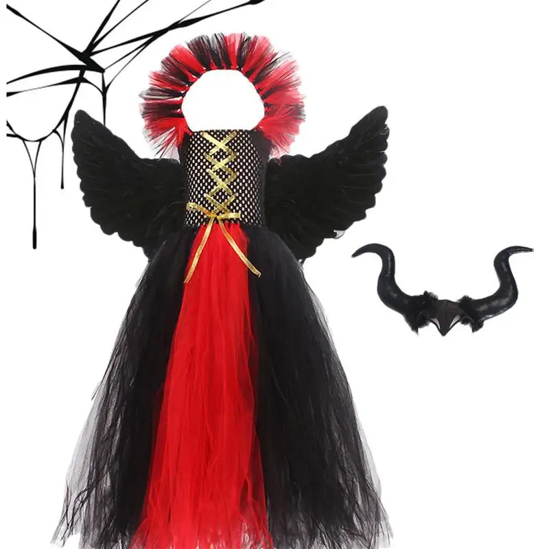 

Girl Evil Dark Fairy Witch Tutu Dress With Horns And Wings Sparkly Kids Halloween Cosplay Party Costume Fancy Evil Devil Dress