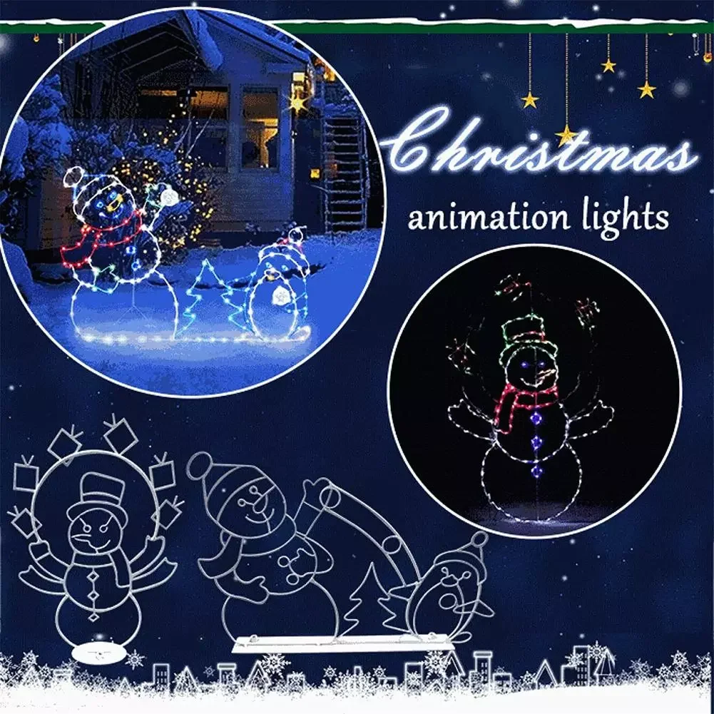 

NEW2022 Christmas Snowman Light Decoration Snowman Wrought Iron Luminous Frame Fun Animation Snowball Fight Light String for Chr