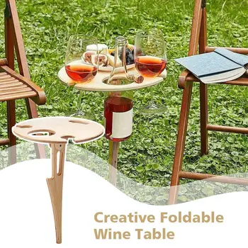 Creative Foldable Wine Table with Round Desktop Wooden Wine Glass Goblet Holder for Outdoor Picnic Camping Portable Wine Rack