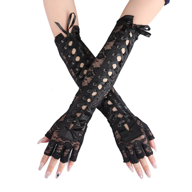 

Lace Gloves Sexy Lace Long Gloves Winter Elbow Length Half-Finger Gloves Ribbon Fingerless Fishnet Mesh Ceremonial Party Gloves