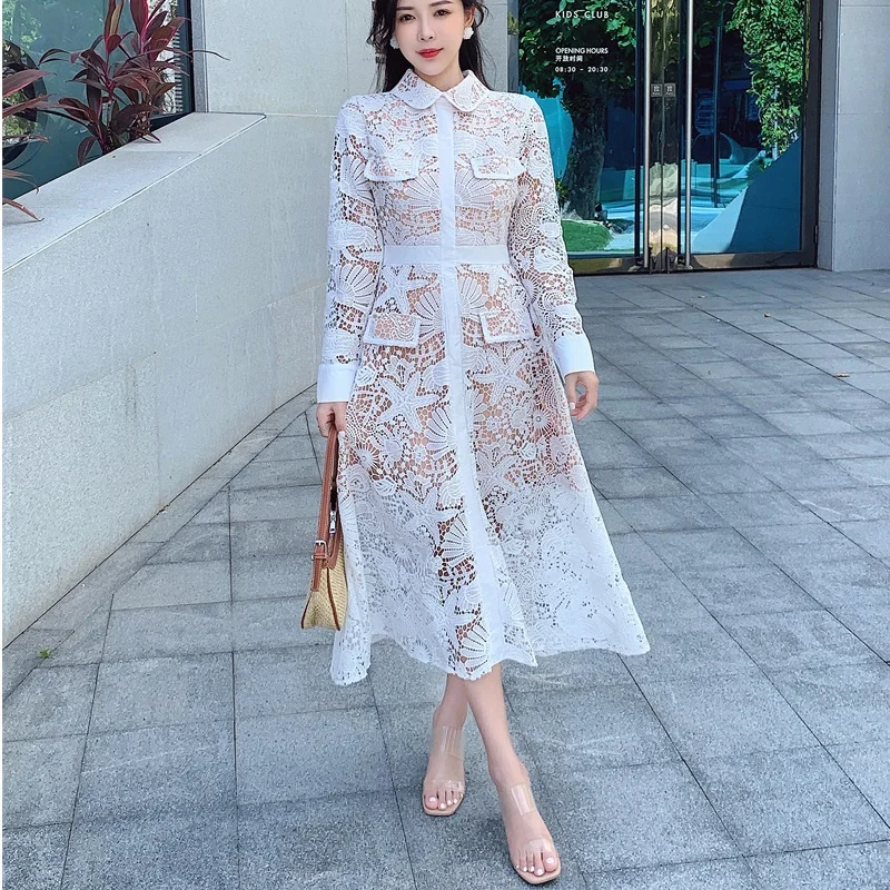 Hollow Out White Lace Dress Women Turn down Collar Long Sleeve High Waist Runway Long Party Dresses Vestidos Back Zipper F066
Hollow Out White Lace Dress Women Turn down Collar Long Sleeve High Waist Runway Long Party Dresses Vestidos Back Zipper F066