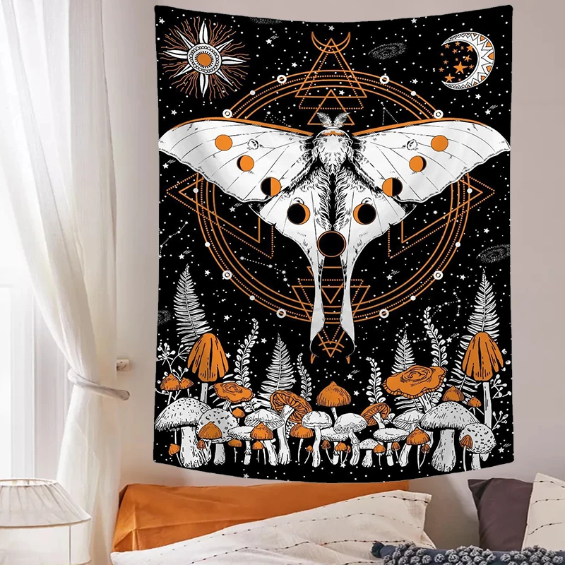 

Floral Moon Tapestry Mushroom Trippy Moth Wall Hanging Moon Phase Celestial Star Tapestries Room Bedspread Bedspread Decor