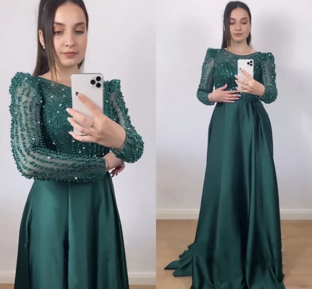 Vintage Dark Green Women Evening Dresses Scoop Long Sleeves Beaded Satin Prom Celebrity Gowns Arabic Robe De Soiree
Vintage Dark Green Women Evening Dresses Scoop Long Sleeves Beaded Satin Prom Celebrity Gowns Arabic Robe De Soiree