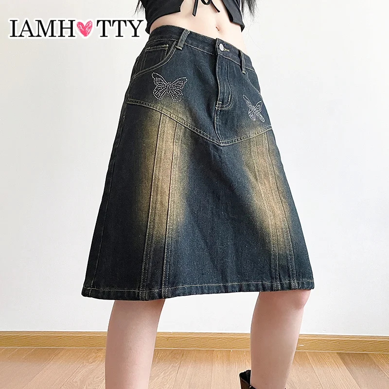 IAMHOTTY Vintage Butterfly Rhinestones Print Washed Distressed Midi Denim Skirt Y2K Grunge Horse A-line Skirts Chic Streetwear
IAMHOTTY Vintage Butterfly Rhinestones Print Washed Distressed Midi Denim Skirt Y2K Grunge Horse A-line Skirts Chic Streetwear
