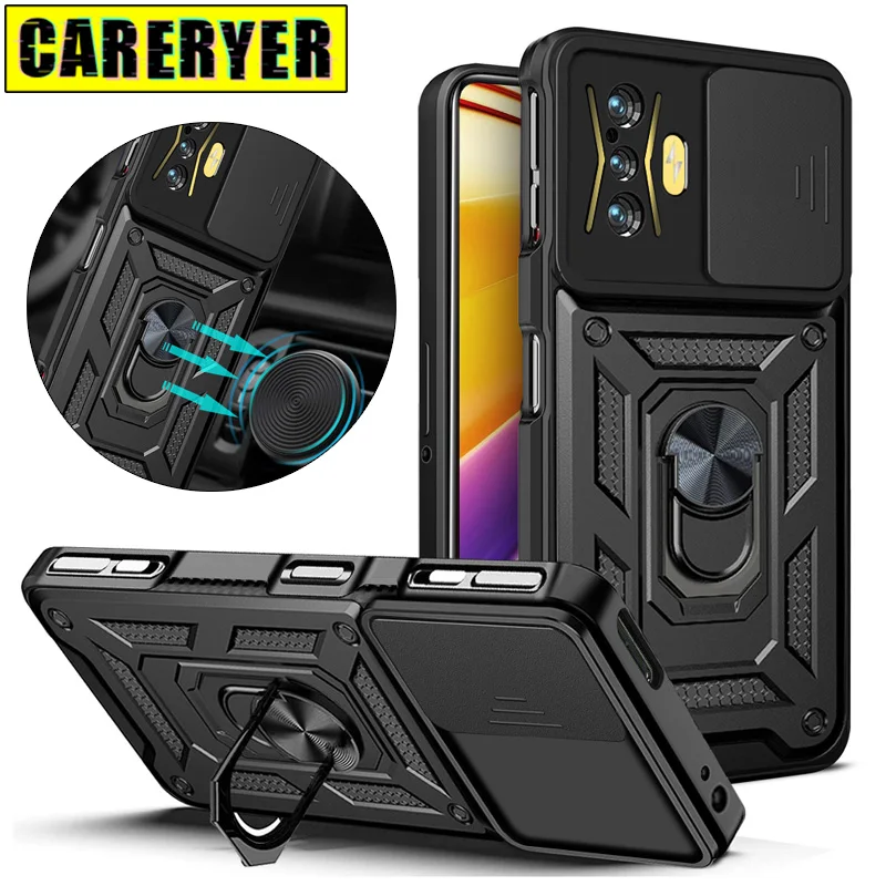 

Shockproof Slide Camera Lens Protect Case For Xiaomi Mi POCO F4 GT F4GT Armor Ring Stand Back Cover for Pocophone F4 GT F 4 G T