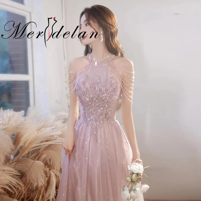 Elegant Pink Evening Dress Sequins Beading Halter With Tassel Sleeve A Line Exquisite Floor Length Merdelan Prom Gowns
Elegant Pink Evening Dress Sequins Beading Halter With Tassel Sleeve A Line Exquisite Floor Length Merdelan Prom Gowns