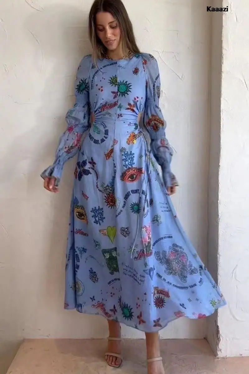 Vintage Print Graphic Elegant Slim Fit Long Sleeve Midi Dress Hollow Out Lace-up Women Lantern Sleeves Expose Waist Long Dress
Vintage Print Graphic Elegant Slim Fit Long Sleeve Midi Dress Hollow Out Lace-up Women Lantern Sleeves Expose Waist Long Dress