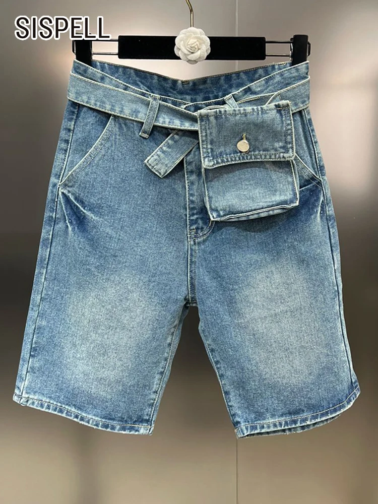 

SISPELL Casual Patchwork Belt Denim Trousers For Women High Waist Solid Straight Spliced Pocket Temperament Shorts Female New