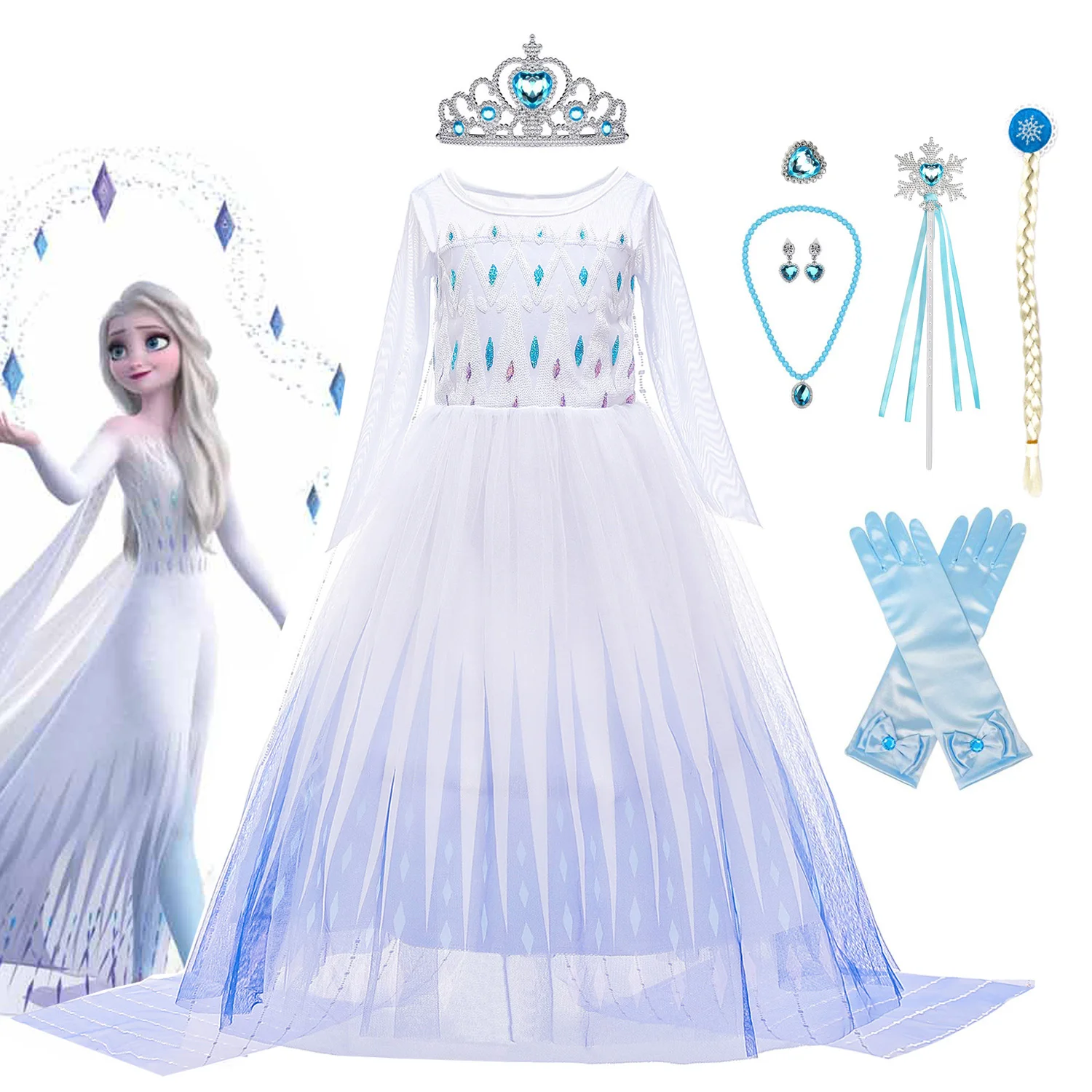 

Костюм принцессы Эльзы для девочек, Белое Бальное Платье принцессы «Холодное сердце 2», костюм на день рождения, Карнавальная одежда для кос...