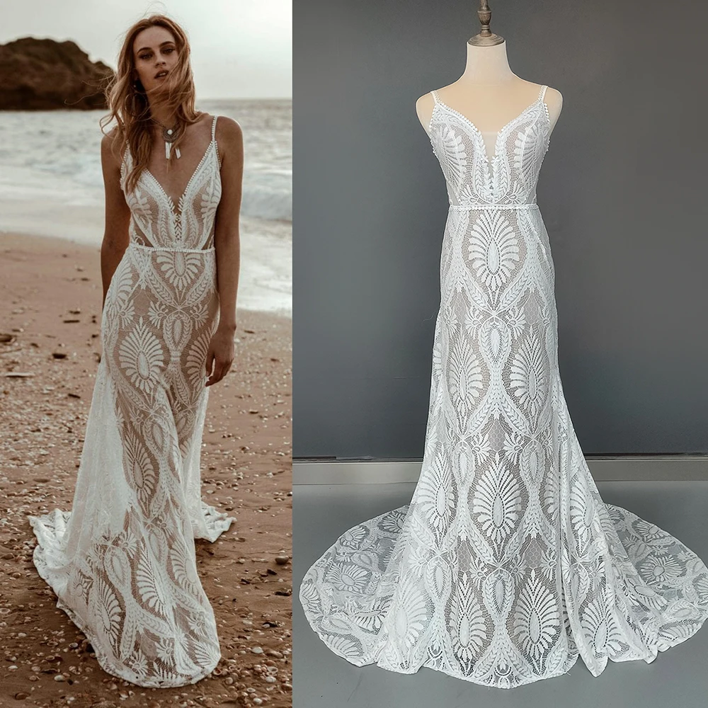 

Женское кружевное платье-русалка, длинное пляжное платье на тонких бретельках с открытой спиной и глубоким V-образным вырезом, платье для свадебной вечеринки, 2022