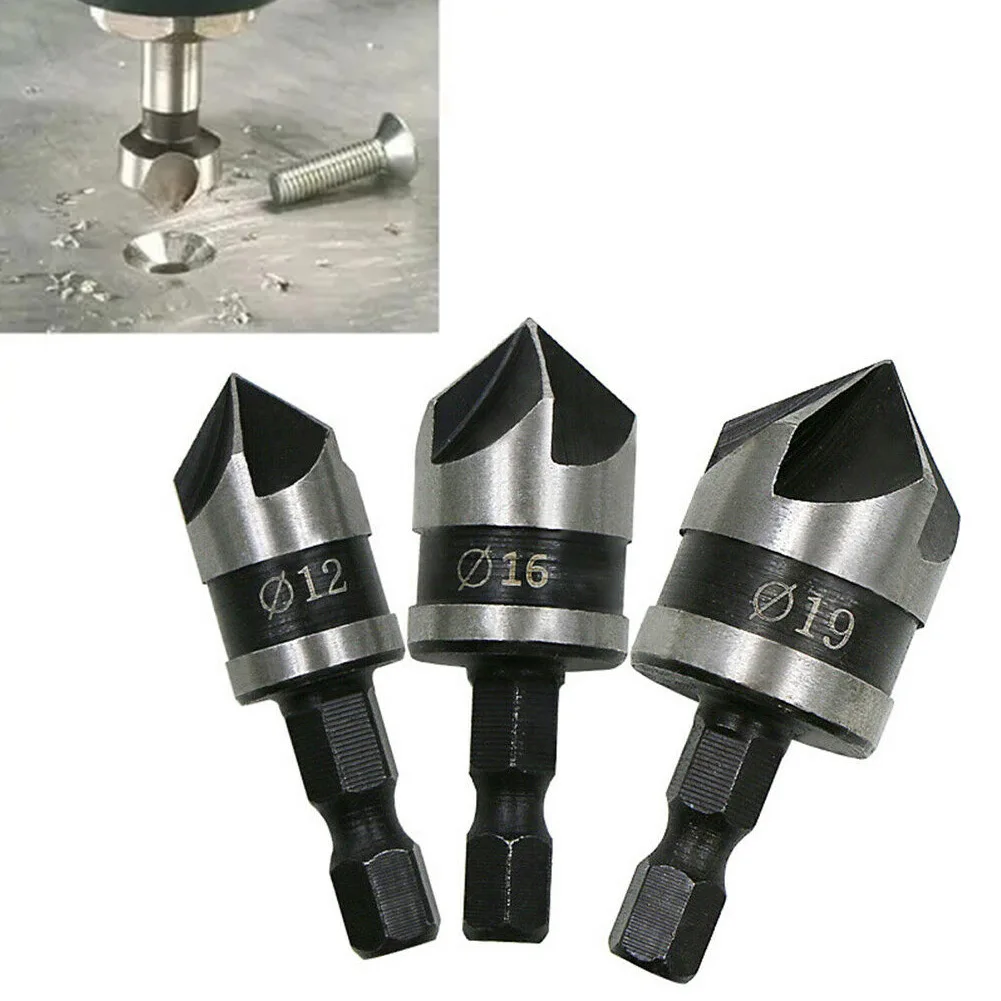 3Pcs 90 Degree Countersink Drill Chamfer Bit 12/16/19mm 1/4" Hex 5 Flute Woodworking Drill Bit Bevel Cutting Cutter Remove Bur
3Pcs 90 Degree Countersink Drill Chamfer Bit 12/16/19mm 1/4" Hex 5 Flute Woodworking Drill Bit Bevel Cutting Cutter Remove Bur