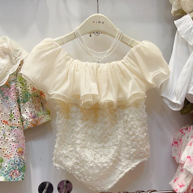 Slash Neck Sexy Off-shoulder Chiffon Patchwork Lace Blouses Vintage French Design Sense Blusas Solid Color Irregular Shirts
Slash Neck Sexy Off-shoulder Chiffon Patchwork Lace Blouses Vintage French Design Sense Blusas Solid Color Irregular Shirts