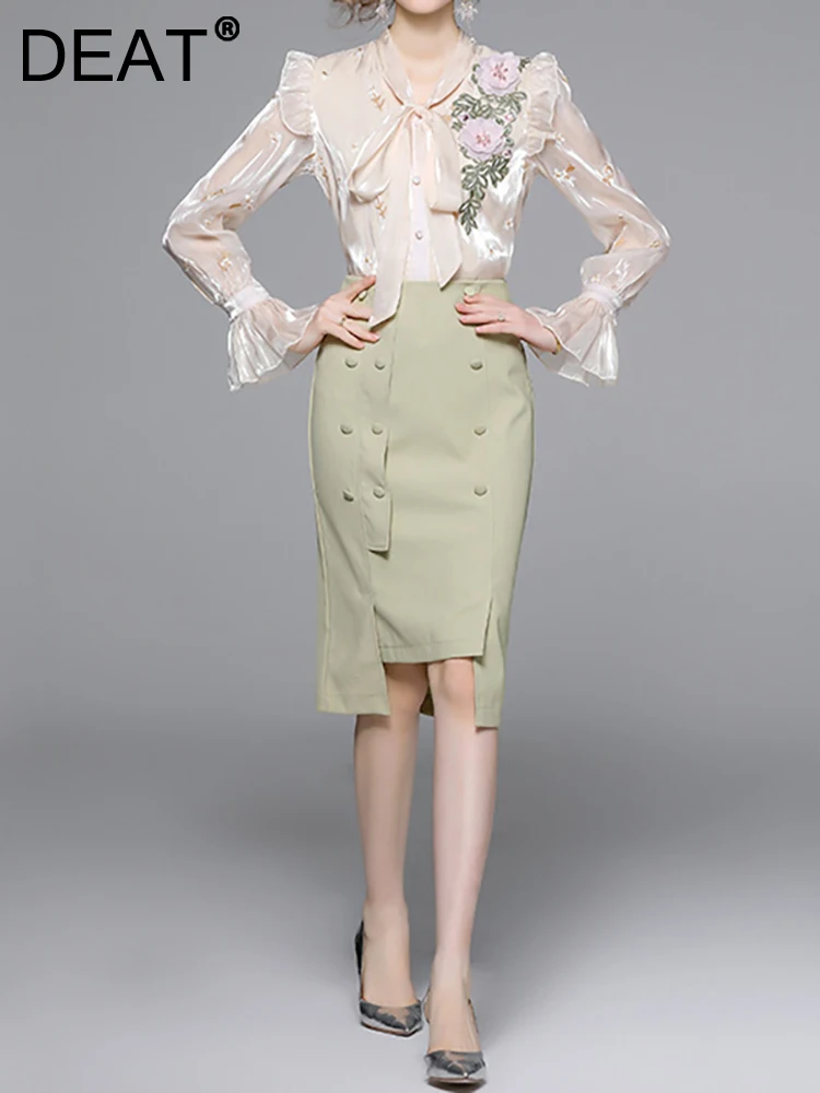 DEAT Women's 2 Pcs Set Lace-up Collar Print Flare Sleeve Ruffles Single Breasted Shirt Slim Skirt Suits Autumn 2023 New 13DB2766
DEAT Women's 2 Pcs Set Lace-up Collar Print Flare Sleeve Ruffles Single Breasted Shirt Slim Skirt Suits Autumn 2023 New 13DB2766