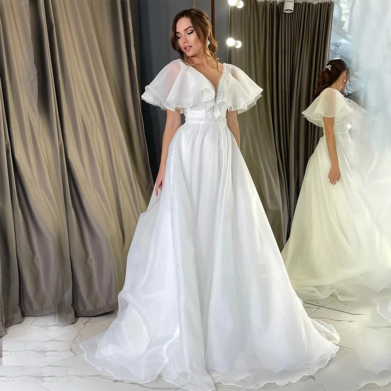 Popular V-Neck Beach A-Line Wedding Dresses Flare Sleeves Sweep Train Bridal Gowns Custom Made Vestidos De Novia
Popular V-Neck Beach A-Line Wedding Dresses Flare Sleeves Sweep Train Bridal Gowns Custom Made Vestidos De Novia