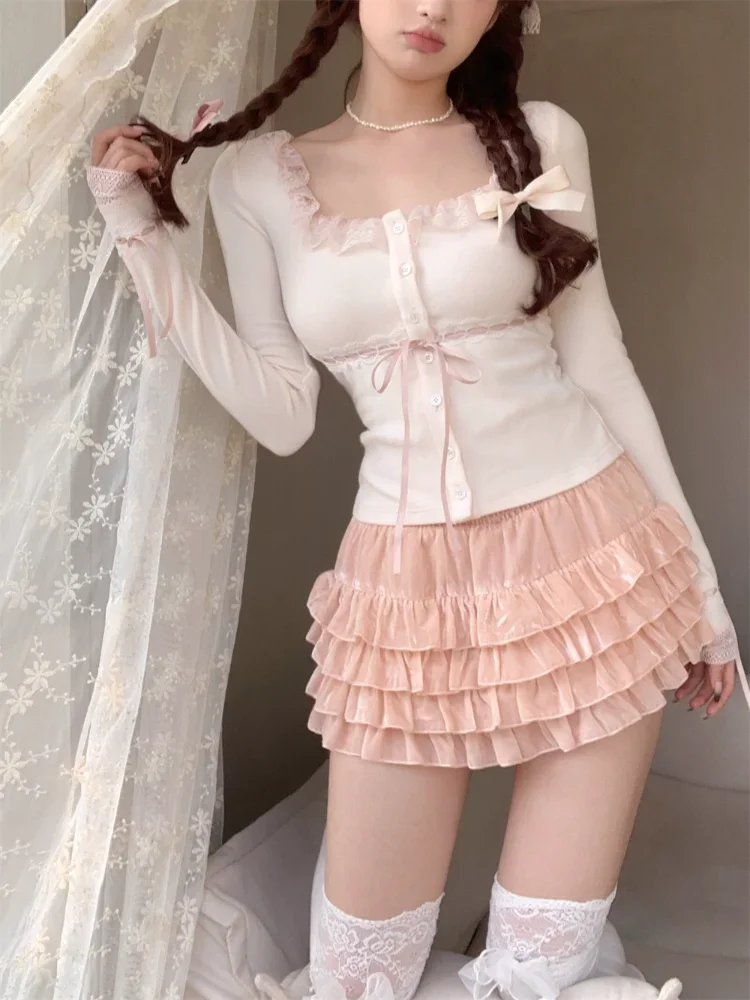 2 Piece Sets Women Beige Tshirt and Pink Cake Skirt Long Sleeve Lace Trim Tops Tee Velvet Mini Skirts Sweet Girl Kawaii Clothes
2 Piece Sets Women Beige Tshirt and Pink Cake Skirt Long Sleeve Lace Trim Tops Tee Velvet Mini Skirts Sweet Girl Kawaii Clothes