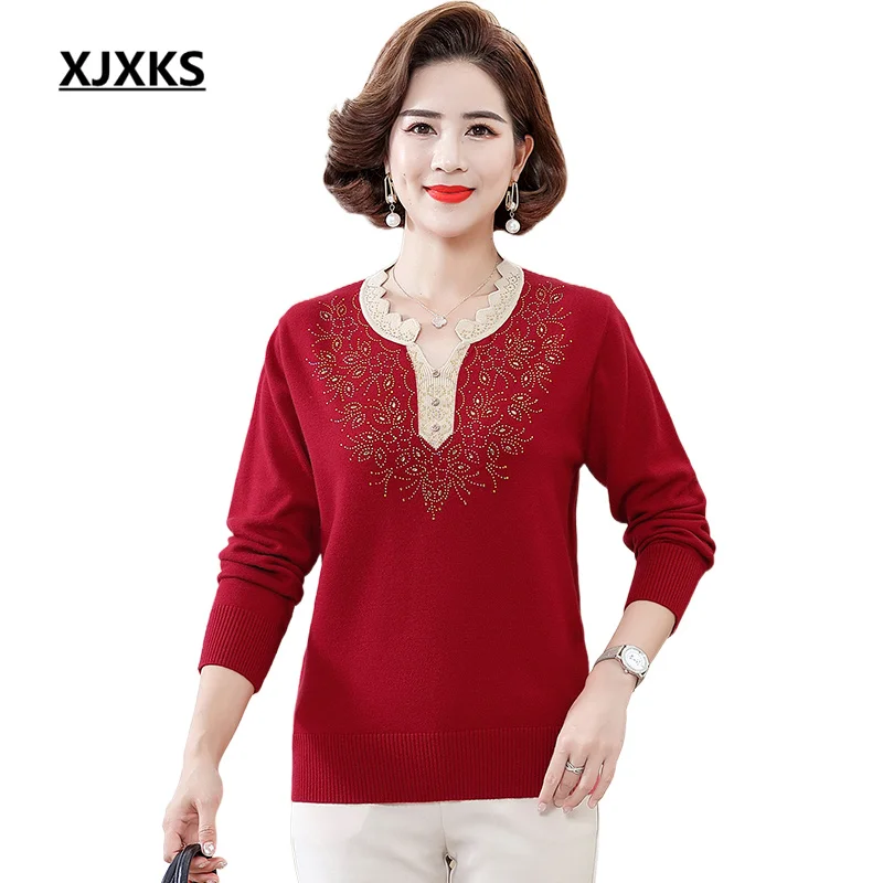 XJXKS 2022 Autumn Winter Latest Fashion Diamond-studded V-neck Women's Sweater Loose Plus Size Wool Knitted Pullover
XJXKS 2022 Autumn Winter Latest Fashion Diamond-studded V-neck Women's Sweater Loose Plus Size Wool Knitted Pullover