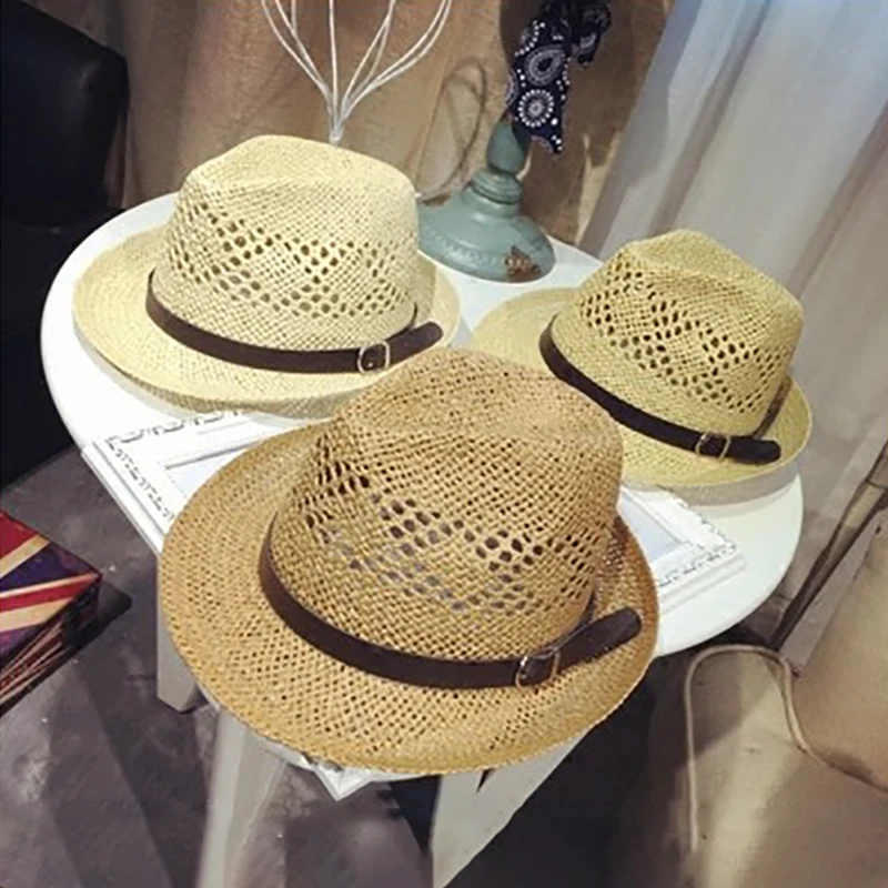 

Vintage Panama Soft Shaped Straw Hat Jazz Hollow Out Hat Round Classic Cowboy Straw Hat Wide Brim Outdoor Beach Vacation Sun Cap