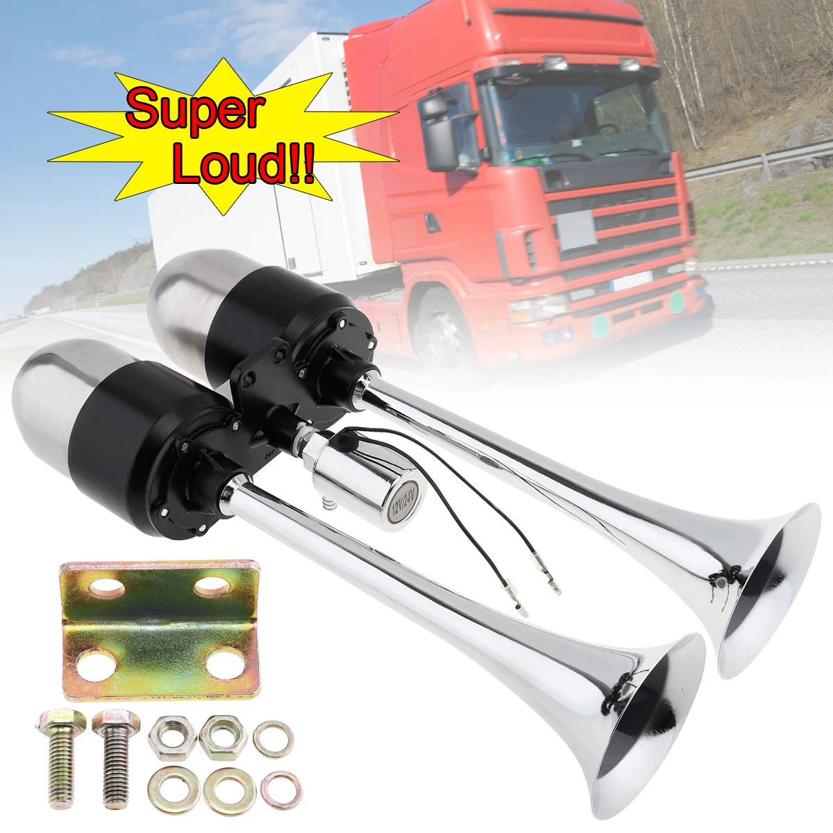 

12V 24V 178db Super Loud Dual Trumpet Electronically Controlled Car Air Horn Extend Sound Effect with Air Outlet Valve Air Pump