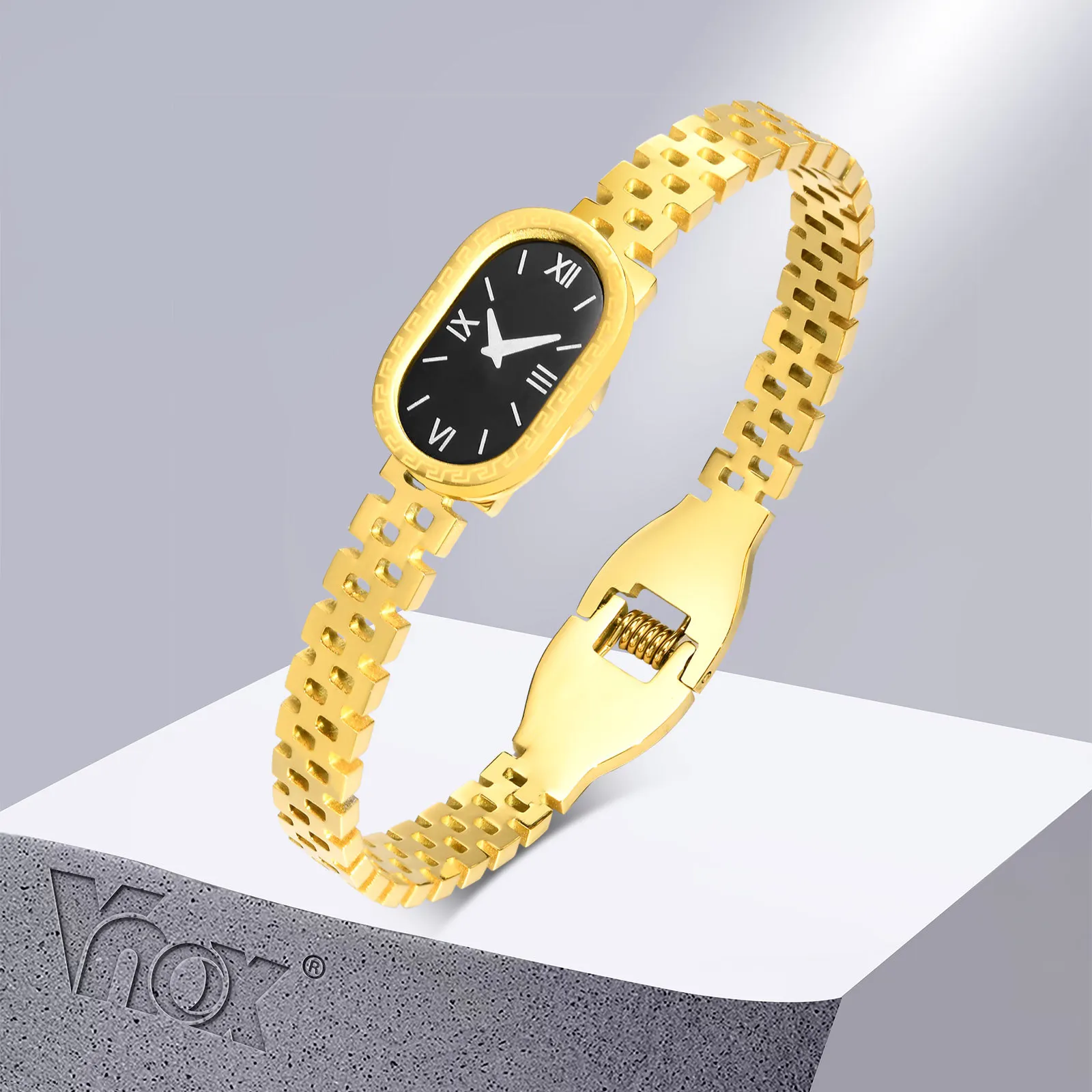 

Vnox Watch Shaped Bangle for Women, Gold Color Stainless Steel Cuff Bracelet, Elegant Lady Wristband