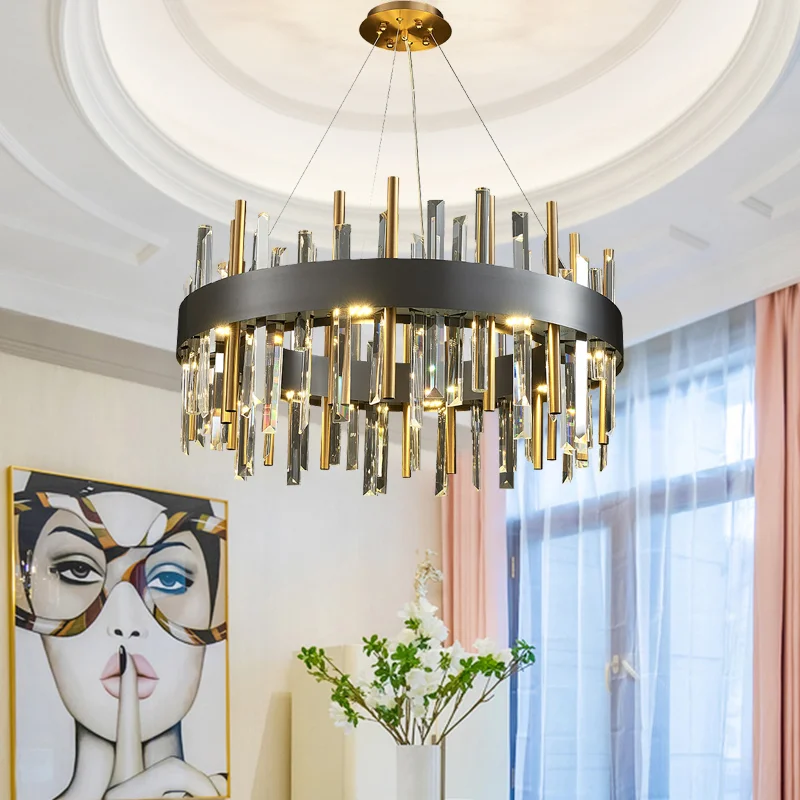 

Новая Современная хрустальная люстра для гостиной, круглые светодиодные светильники, украшение для спальни, золотые/черные подвесные осветительные приборы