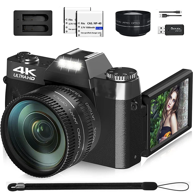 

Компактная цифровая камера для фотосъемки, винтажная веб-камера 4K Wi-Fi, видеорегистратор Vlog YouTube, камера 48 МП, макро объектив с откидным экраном 3 дюйма