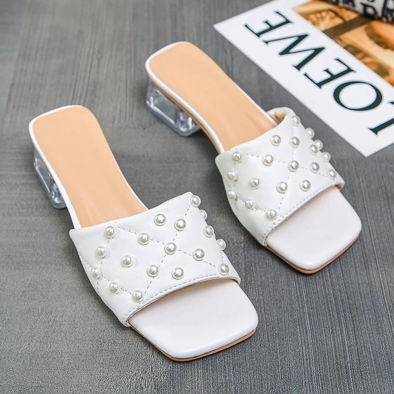 Women's Slippers Pearl High Heels Casual Thick Heels Slippers Fashion White Square Toe Sandals Summer Plus Size Zapatillas Mujer
Women's Slippers Pearl High Heels Casual Thick Heels Slippers Fashion White Square Toe Sandals Summer Plus Size Zapatillas Mujer