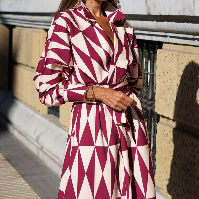 Fashion V Neck Long Sleeve Shirt Dresses Autumn Loose Waist Office Commute Women Dress Geometry Pattern Print Lace Up Midi Dress
Fashion V Neck Long Sleeve Shirt Dresses Autumn Loose Waist Office Commute Women Dress Geometry Pattern Print Lace Up Midi Dress