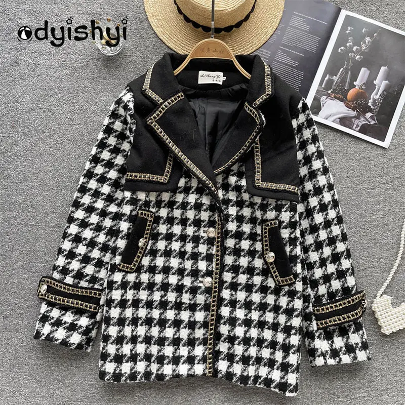 Thick Cotton Lining Wool Coat Women Autumn Winter High Quality Temperament Houndstooth Mid Long Woolen Coat Female Lapel Trench
Thick Cotton Lining Wool Coat Women Autumn Winter High Quality Temperament Houndstooth Mid Long Woolen Coat Female Lapel Trench
