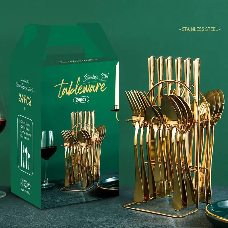 New Stainless Steel Cutlery 24-piece Set Gold-plated Knife, Fork and Spoon Storage Rack Gift Box Set
New Stainless Steel Cutlery 24-piece Set Gold-plated Knife, Fork and Spoon Storage Rack Gift Box Set