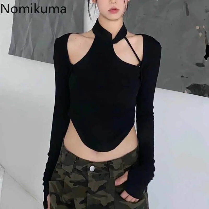 

Nomikuma Long Sleeve Tees Spring Autumn Halter Hollow Out High Waist Camisetas De Mujer Harajuku Fashion Sexy Crop Top Women