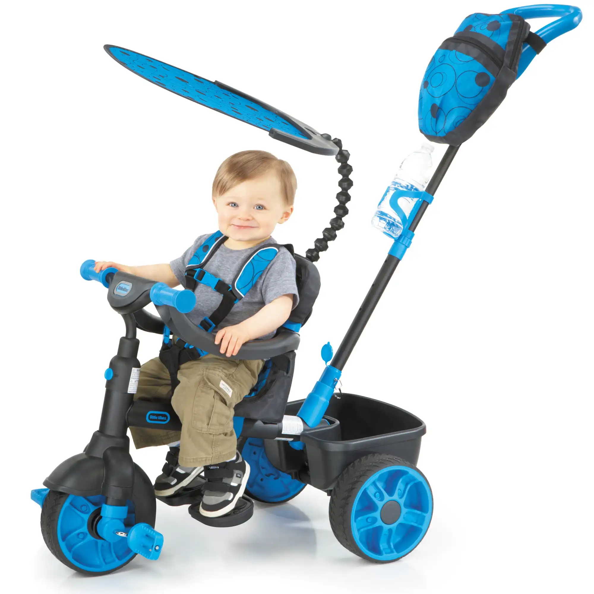 

4-в-1 Deluxe Edition Trike неоново-голубой, трансформер трехколесный велосипед для малышей с 4 этапами роста и теневой навес
