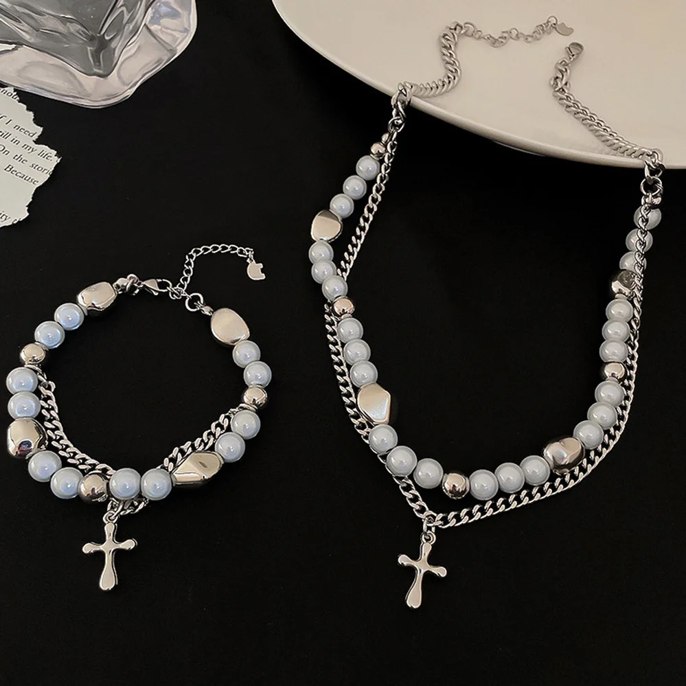 

Fashion Pearl Necklace for Women Double Layered Cross Clavicle Chain Hip-hop All-match NeckChain Trend Charm Girl Party Jewelry