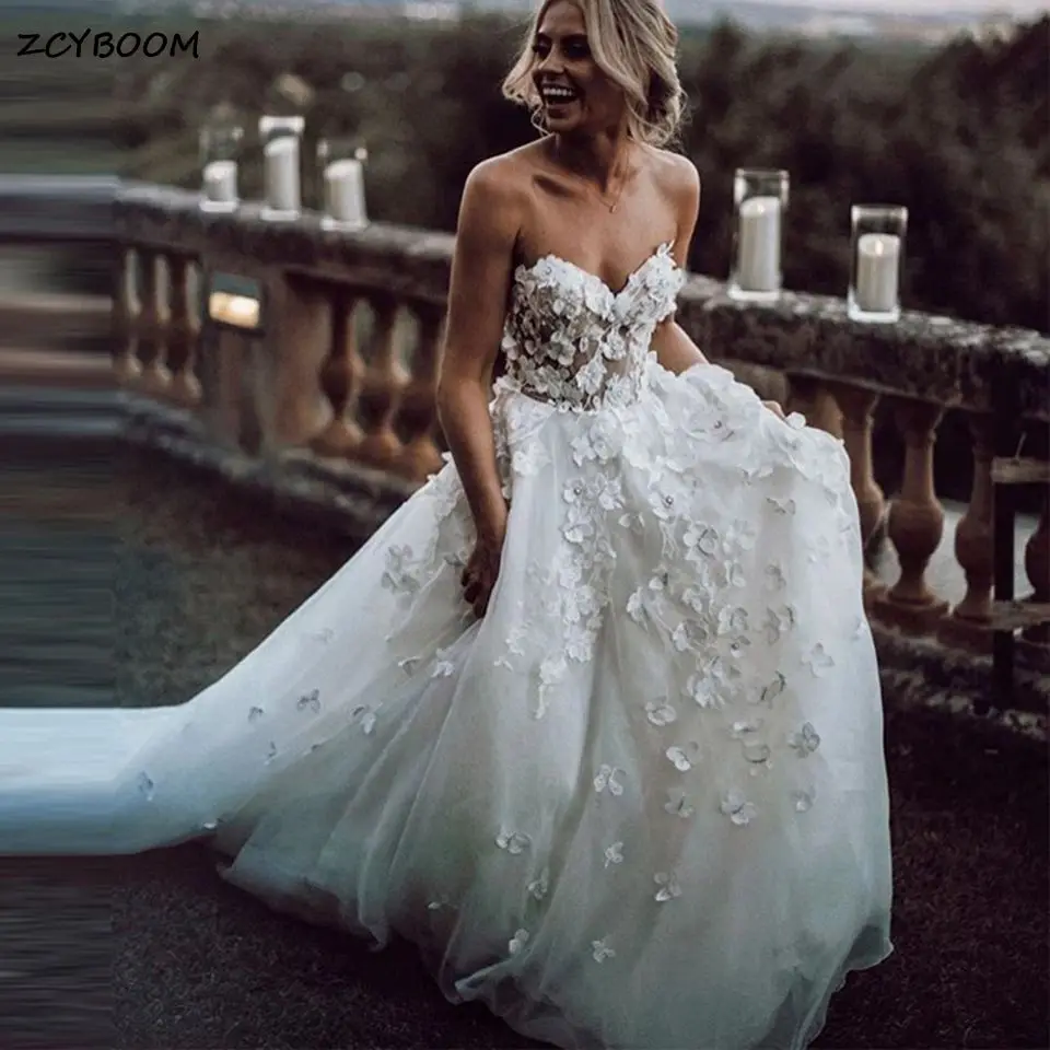 

Boho White/Ivory A-Line Wedding Dresses 2023 Tulle 3D Flowers Appliqued Sweetheart Sleeveless Beach Bride Gowns Vestido De Noiva