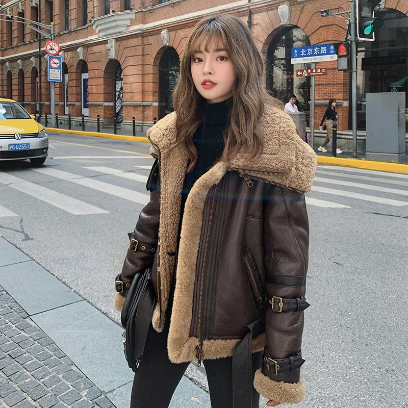

Winter Shearling Sheepskin Jacket Leather Women Removable Collar Lambswool Coat 2023 Fashion High Quality Real Fur Girl Jacket