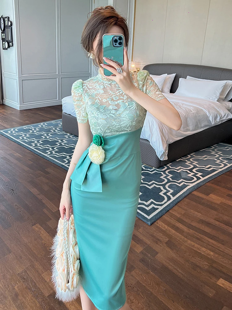 Summer Evening Dress For Women Elegant Chic Lace Spliced Satin Sheer Short Sleeve Wrap Hip Midi Party Prom Mujer Vestidos Street
Summer Evening Dress For Women Elegant Chic Lace Spliced Satin Sheer Short Sleeve Wrap Hip Midi Party Prom Mujer Vestidos Street