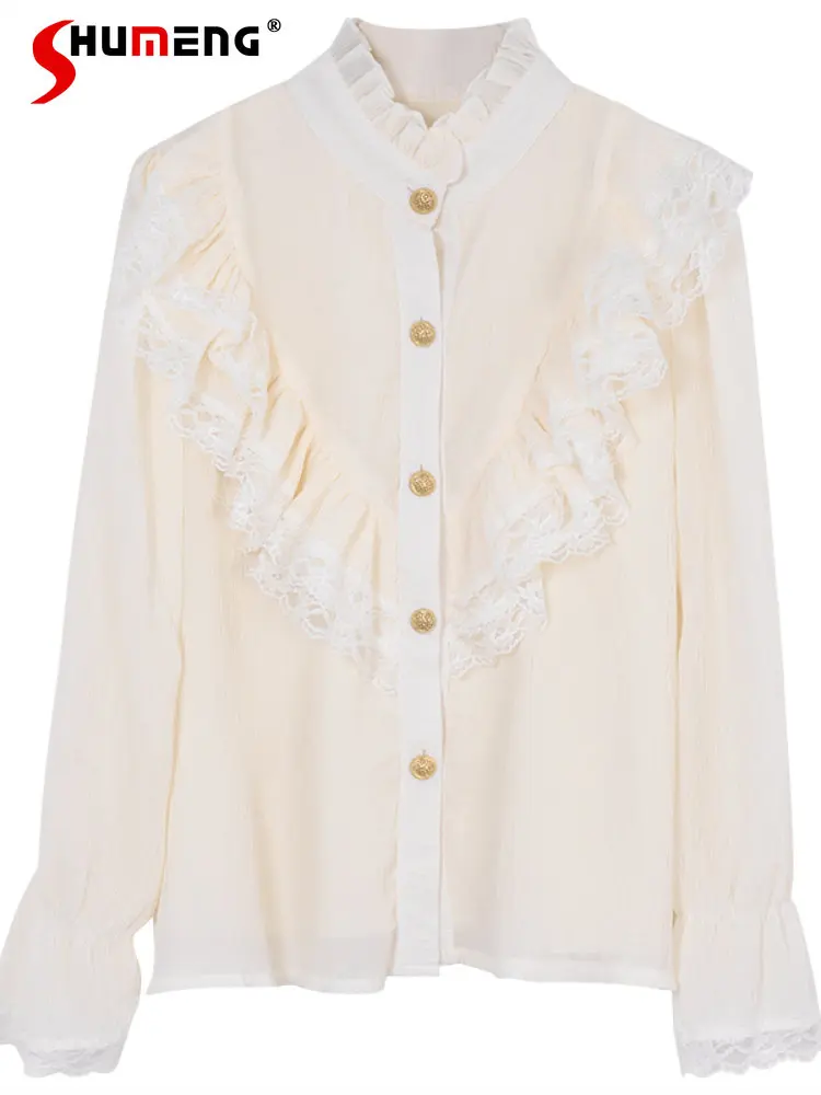 Women Autumn Fairy Long Sleeve Lace Stitching Shirts 2023 New Elegance Apricot Half-High Collar Long Puff Sleeve Blouse Female
Women Autumn Fairy Long Sleeve Lace Stitching Shirts 2023 New Elegance Apricot Half-High Collar Long Puff Sleeve Blouse Female