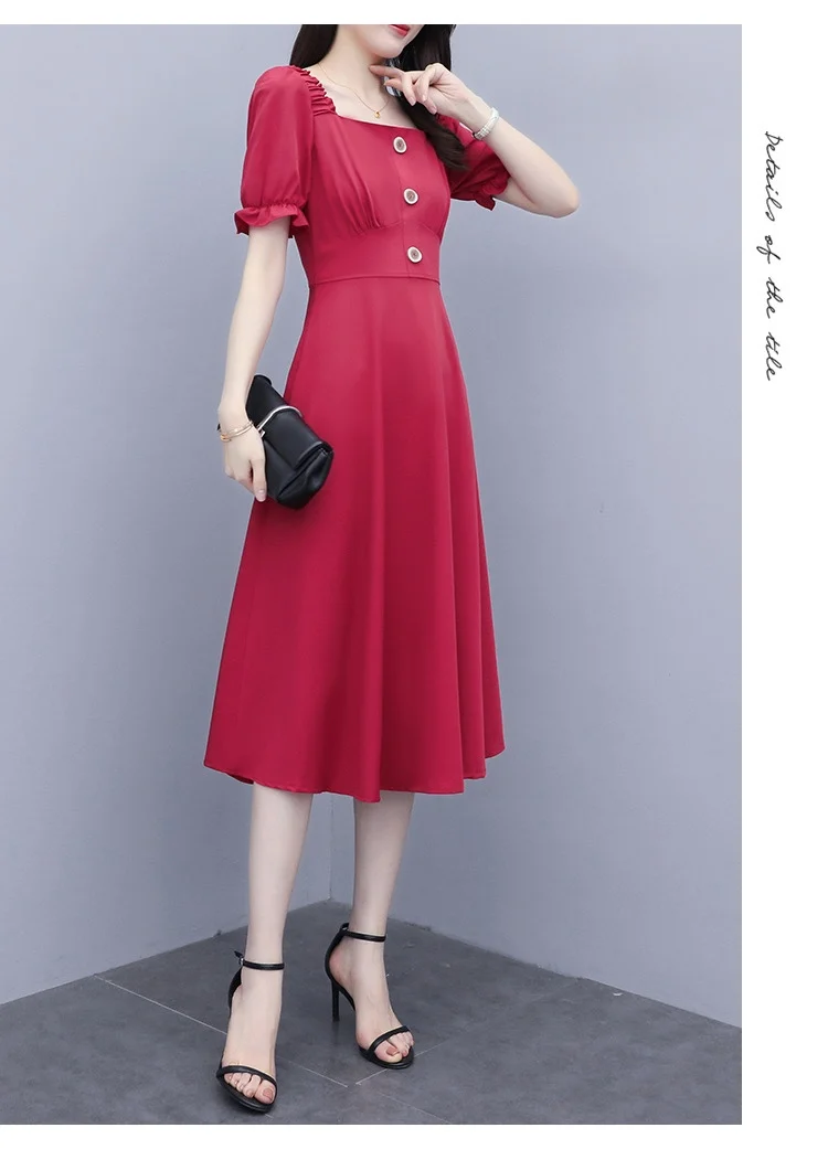 Summer Woman Chiffon Mid-calf Vintage Dress Solid Square Collar New Fashion Button Puff Short Sleeves Oversize Dresses Female
Summer Woman Chiffon Mid-calf Vintage Dress Solid Square Collar New Fashion Button Puff Short Sleeves Oversize Dresses Female