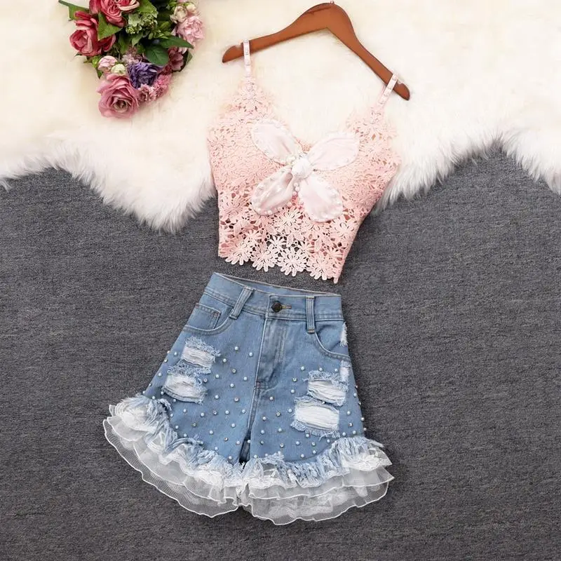 2022 Summer Women New Fashion 2 Piece Sets Female Hollow Out Lace Camisole Top + High Waist Hot Shorts Ladies Shorts Suits J76
2022 Summer Women New Fashion 2 Piece Sets Female Hollow Out Lace Camisole Top + High Waist Hot Shorts Ladies Shorts Suits J76
