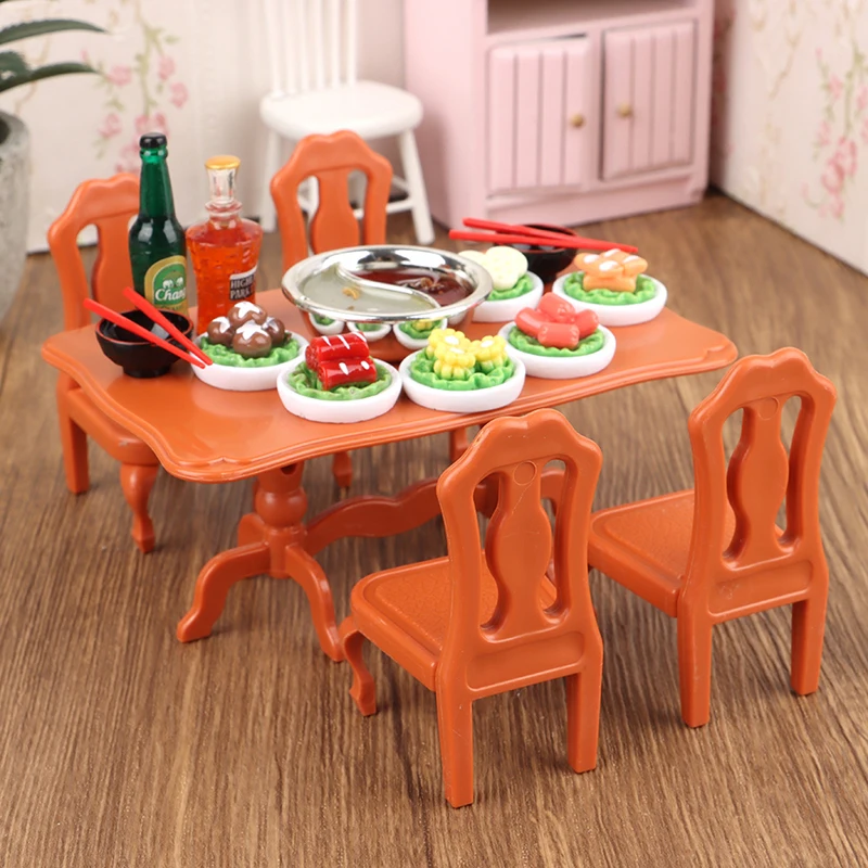 

1Set 1:12 Dollhouse Miniature Mandarin Duck Hot Pot Table Chairs Food Drink Bottle Chopstick DIY Accessories Life Scene Decor