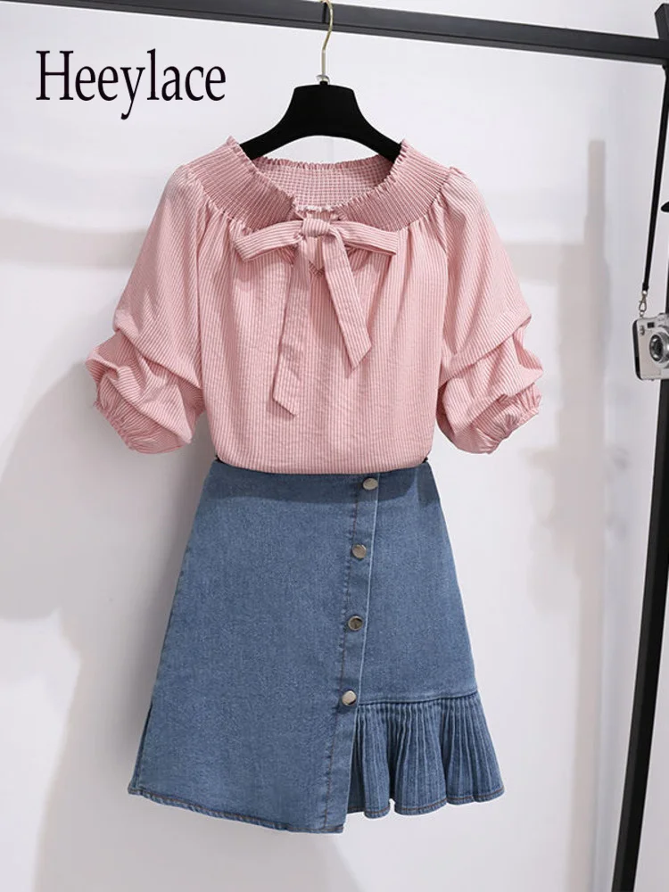 Women Summer Korean Sweet 2 Piece Sets Womens Outfits Summer Slash Neck Pink Tops And Ruffles Patchwork Bodycon Denim Skirts Set
Women Summer Korean Sweet 2 Piece Sets Womens Outfits Summer Slash Neck Pink Tops And Ruffles Patchwork Bodycon Denim Skirts Set