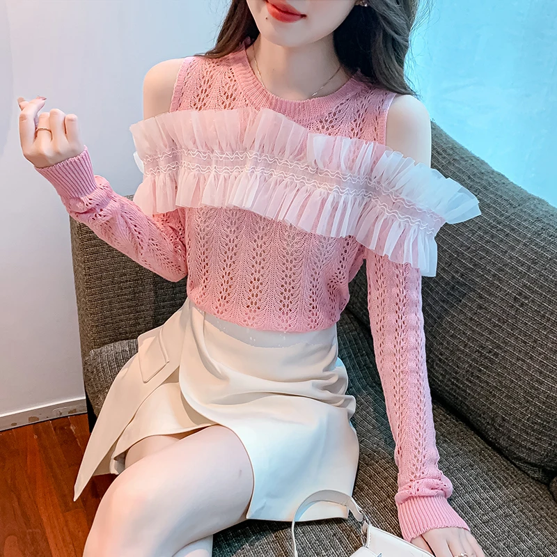 

Twicefanx New Korean Version Super Fairy Loose Slim Temperament Fashion Strapless Little Sexy Lace Stitching Joker Sweater 316J