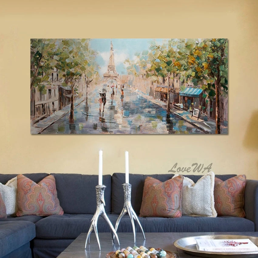 

Paris Street Scene Hand Painted Spring Scenery Oil Painting Unframed Wall Acrylic Art Murals Hotel Artwork On Canvas