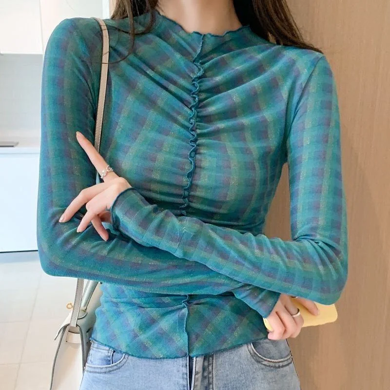 Spring Autumn Sexy Y2K Mesh Plaid Print Ruched Women Basic T-shirts Casual Long Sleeve Pullover Skinny Top Female Clothing 2022
Spring Autumn Sexy Y2K Mesh Plaid Print Ruched Women Basic T-shirts Casual Long Sleeve Pullover Skinny Top Female Clothing 2022
