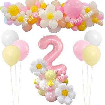 1set Daisy Flower Balloons Tower with 32inch White Number Balloon Adult Kids Happy Birthday Party Decoration DIY Party Supply
