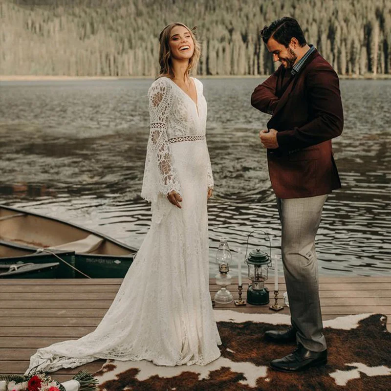 Boho Long Sleeve Wedding Dress Elegant V Neck Plus Size Backless Lace Bridal Gown Vestido De Novia Vestidos Elegantes Para Mujer
Boho Long Sleeve Wedding Dress Elegant V Neck Plus Size Backless Lace Bridal Gown Vestido De Novia Vestidos Elegantes Para Mujer