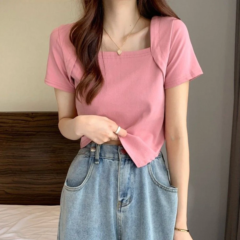 Summer Women Casual T-shirt Sexy Lady Slim Square Collar Short Sleeve Tops Karean Sweet Solid Tank Breathable Asymmetric T-shirt
Summer Women Casual T-shirt Sexy Lady Slim Square Collar Short Sleeve Tops Karean Sweet Solid Tank Breathable Asymmetric T-shirt